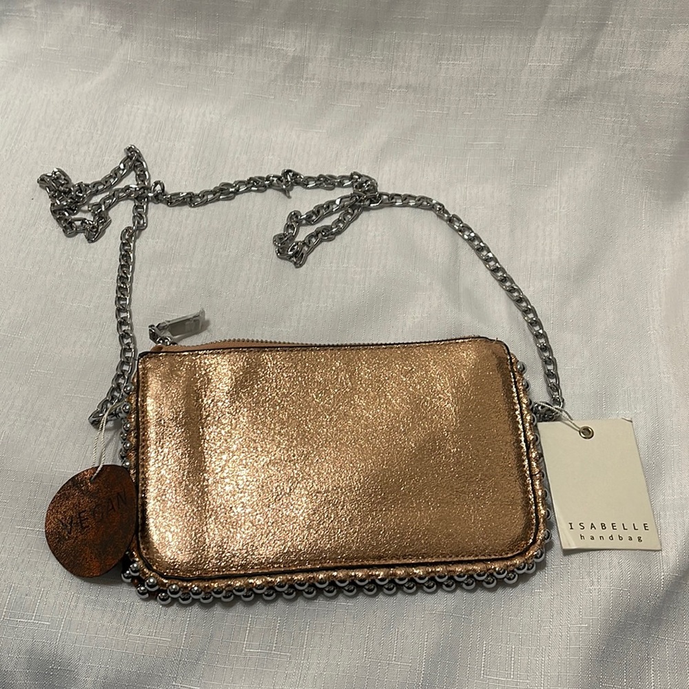 NWT Isabelle crossbody handbag Rose gold and black Vegan with silver chain